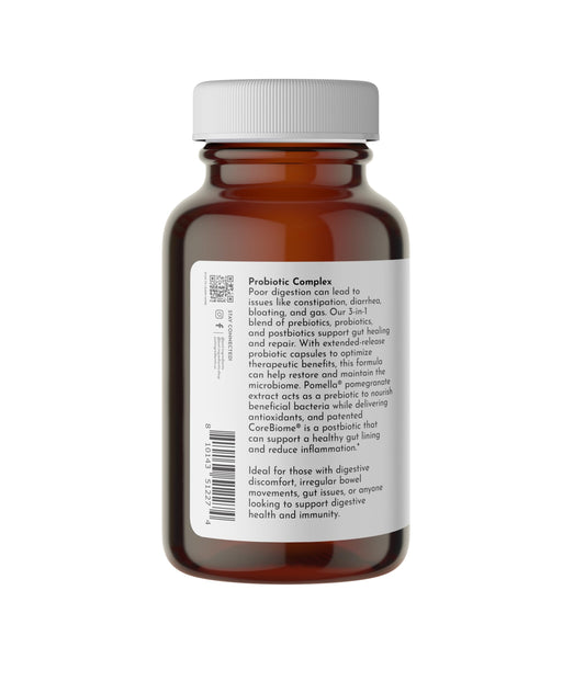 JUST INGREDIENTS Probiotic Complex capsules closeup highlights multi-strain formula for gut microbiome support.