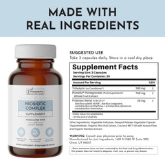 JUST INGREDIENTS Probiotic Complex label detail shows prebiotic and postbiotic components for balanced digestion.