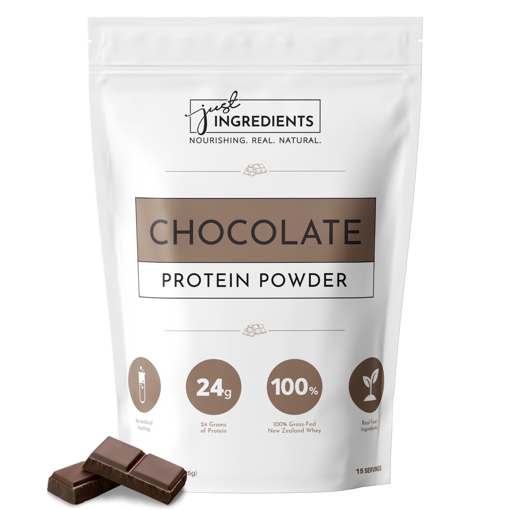 JUST INGREDIENTS chocolate protein powder tub—delicious shakes