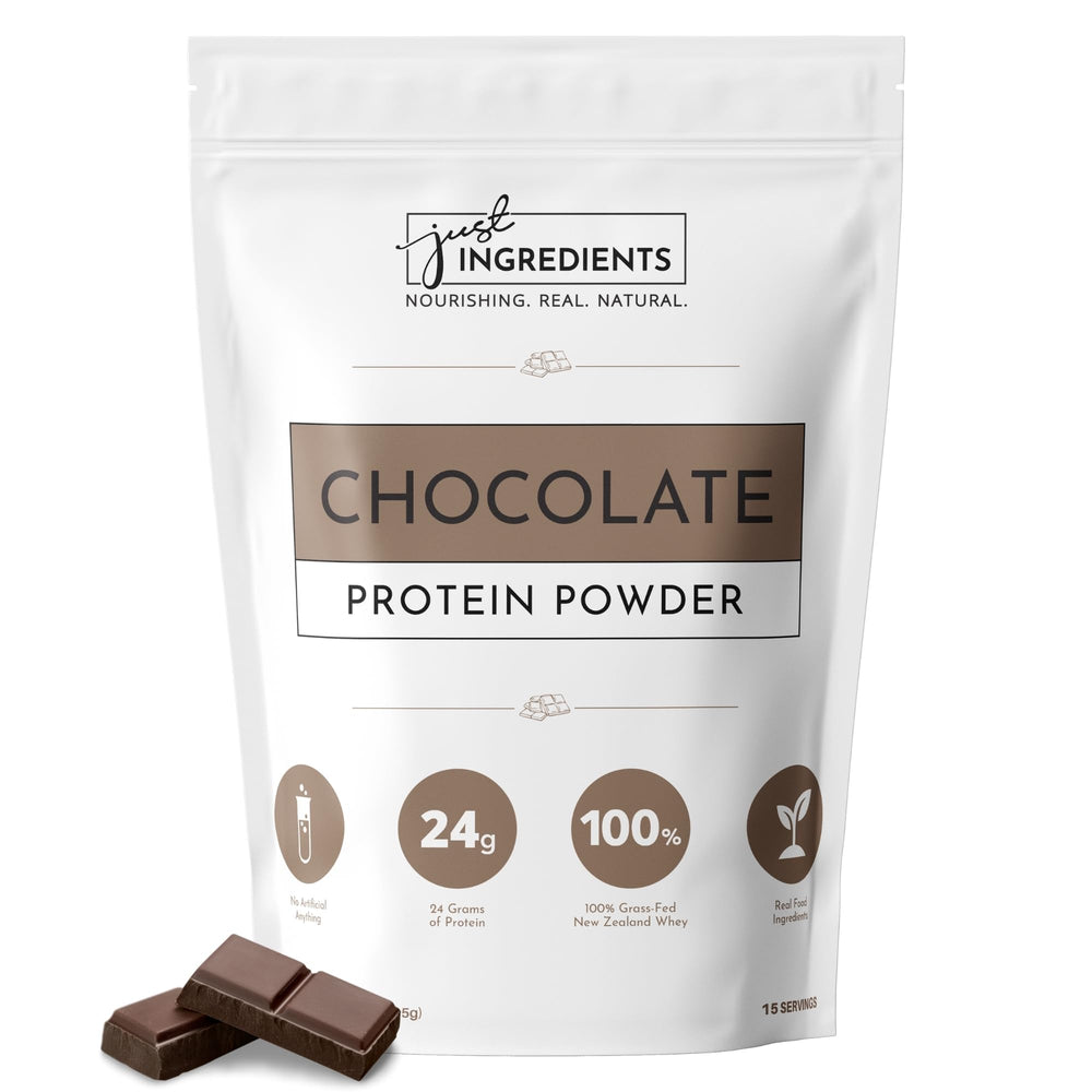 JUST INGREDIENTS chocolate protein powder tub—delicious shakes