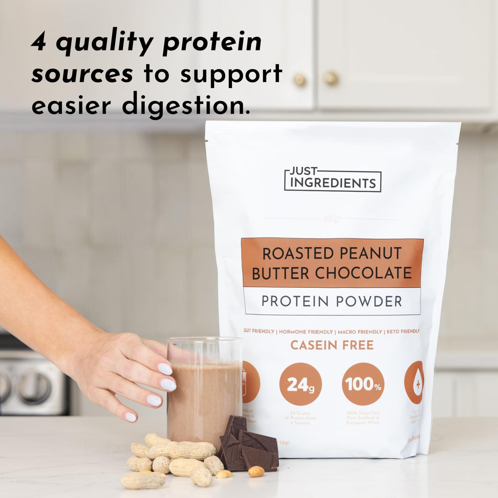 Nutrition panel close-up on JUST INGREDIENTS protein powder package