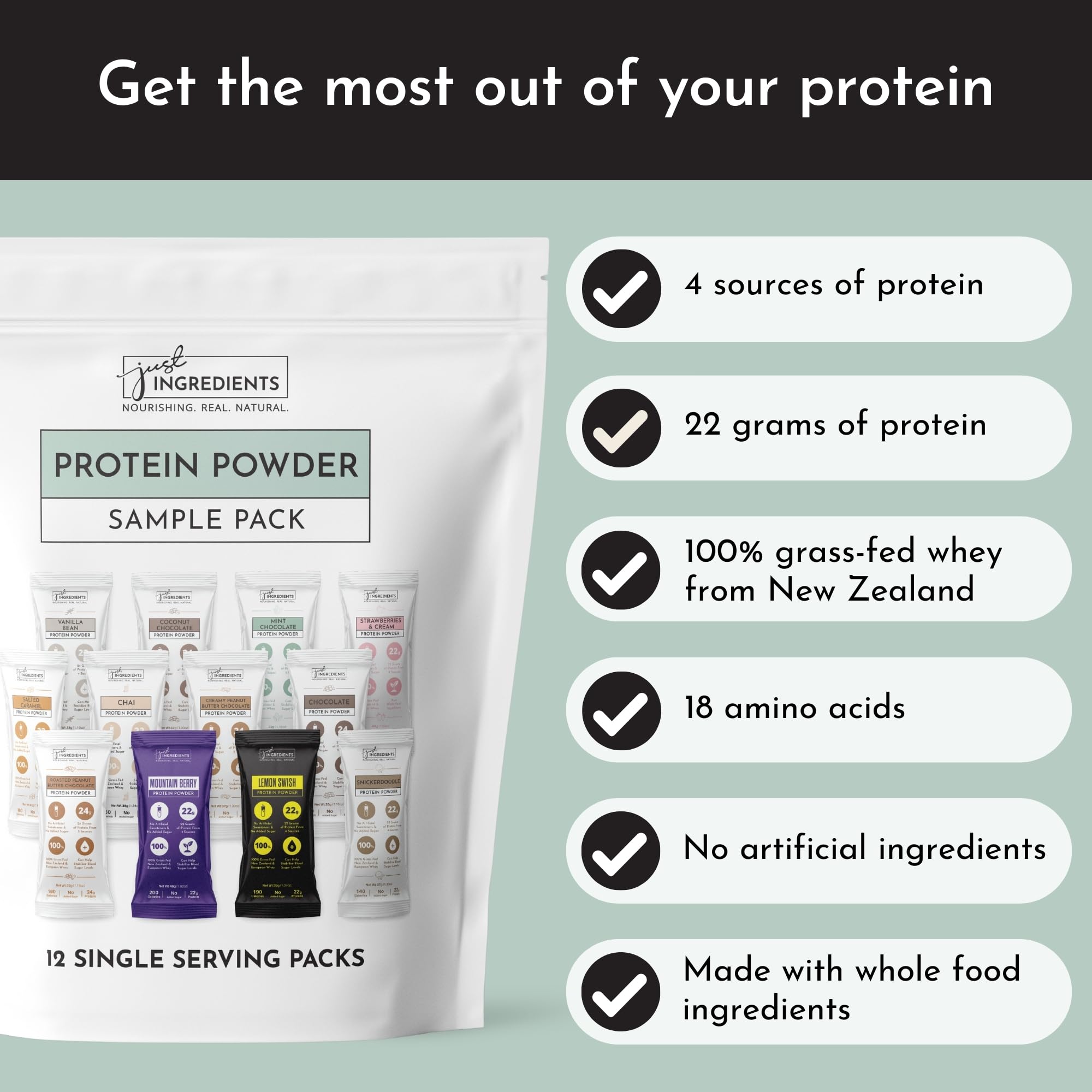 JUST INGREDIENTS sample pack shows 12 flavors for variety