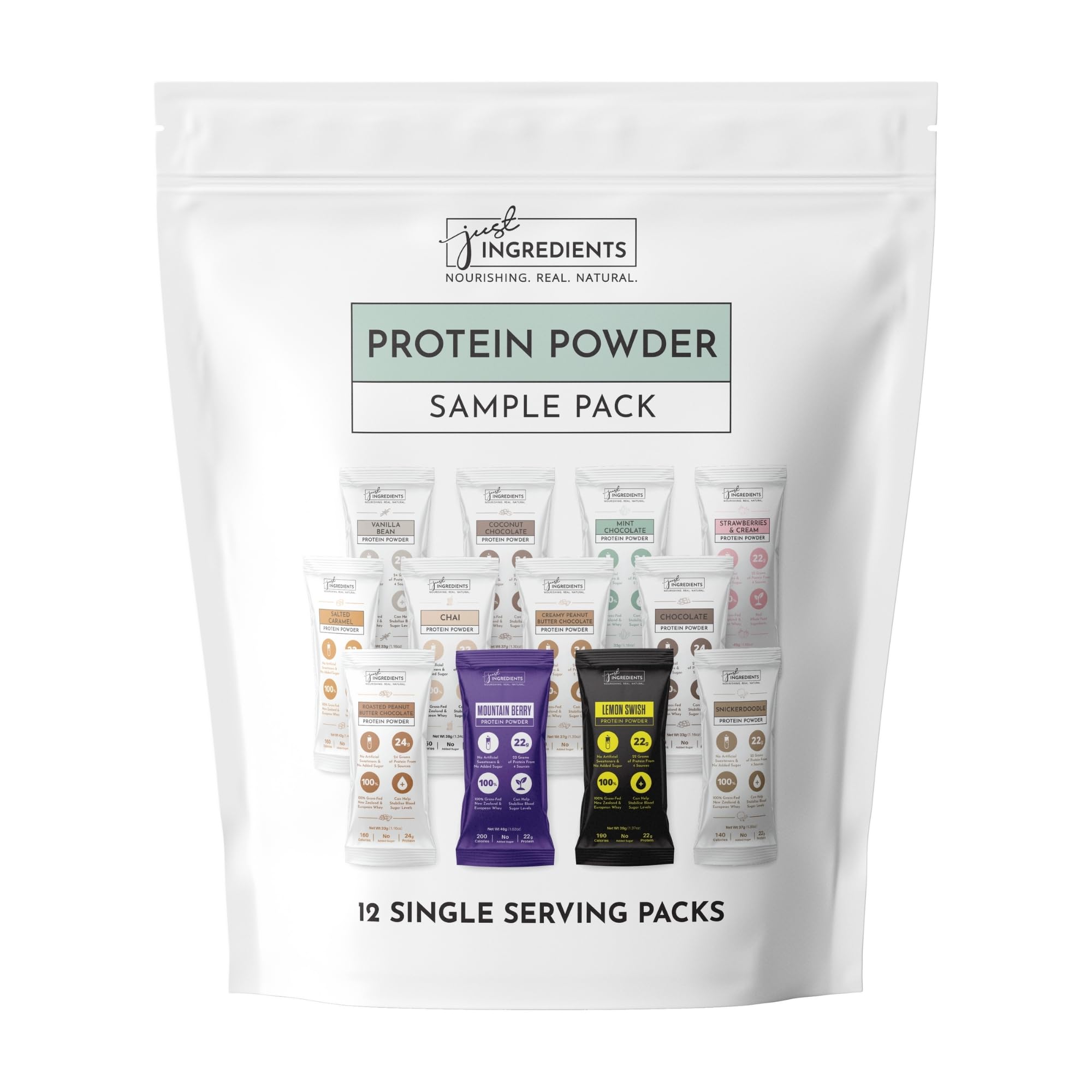 JUST INGREDIENTS protein powder tub with vanilla bean for a creamy shake