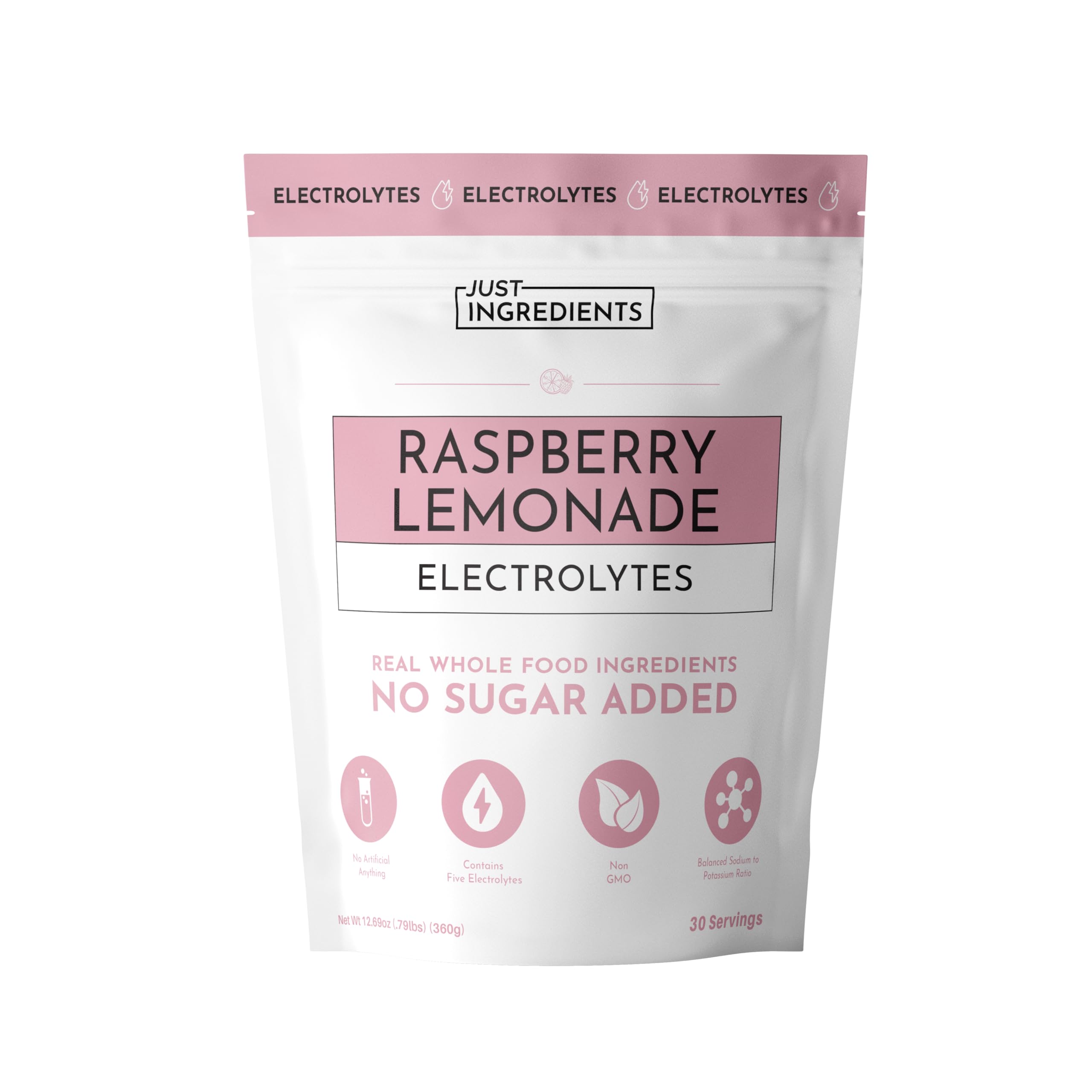 JUST INGREDIENTS Raspberry Lemonade Electrolytes packaging front for easy hydration on the go