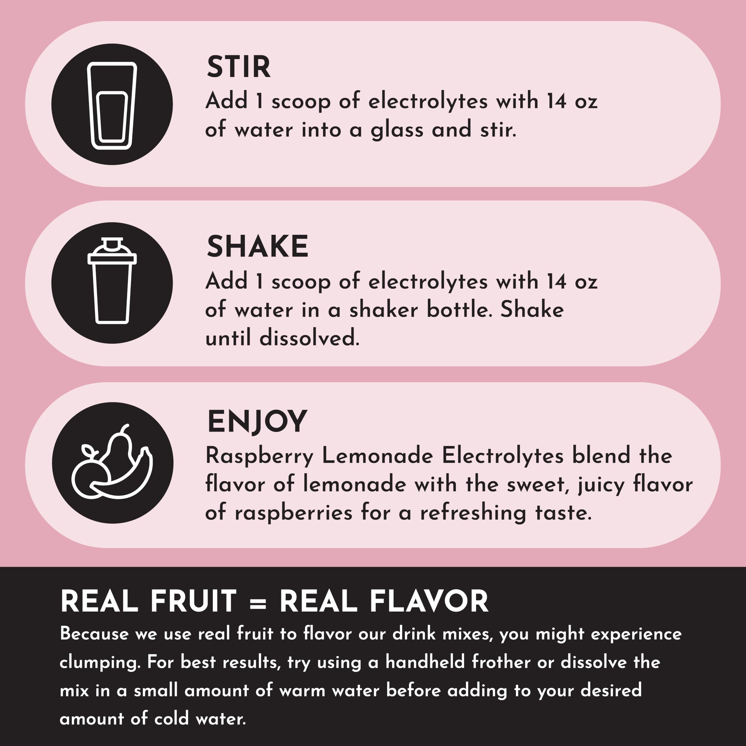 Close-up of Raspberry Lemonade Electrolytes powder showing real fruit flavor cues