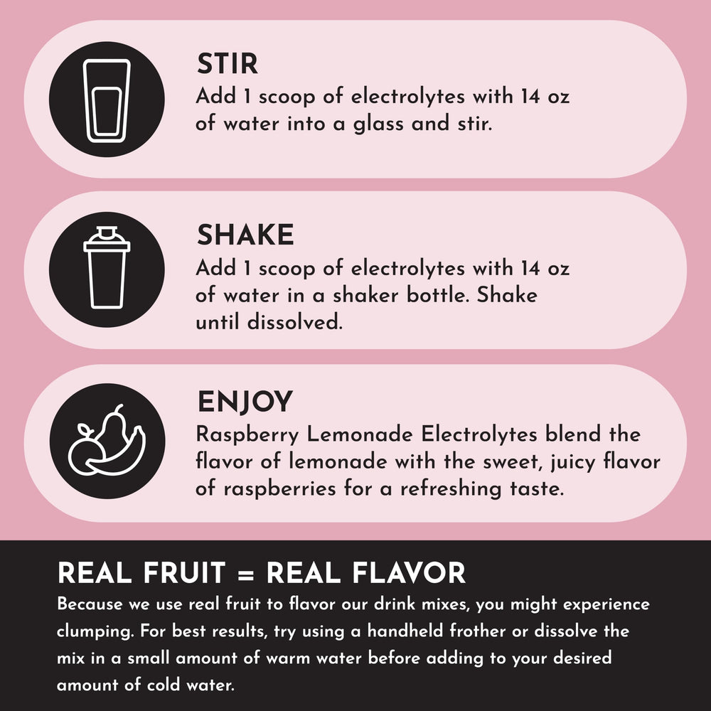Close-up of Raspberry Lemonade Electrolytes powder showing real fruit flavor cues