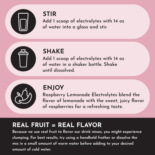 Close-up of Raspberry Lemonade Electrolytes powder showing real fruit flavor cues
