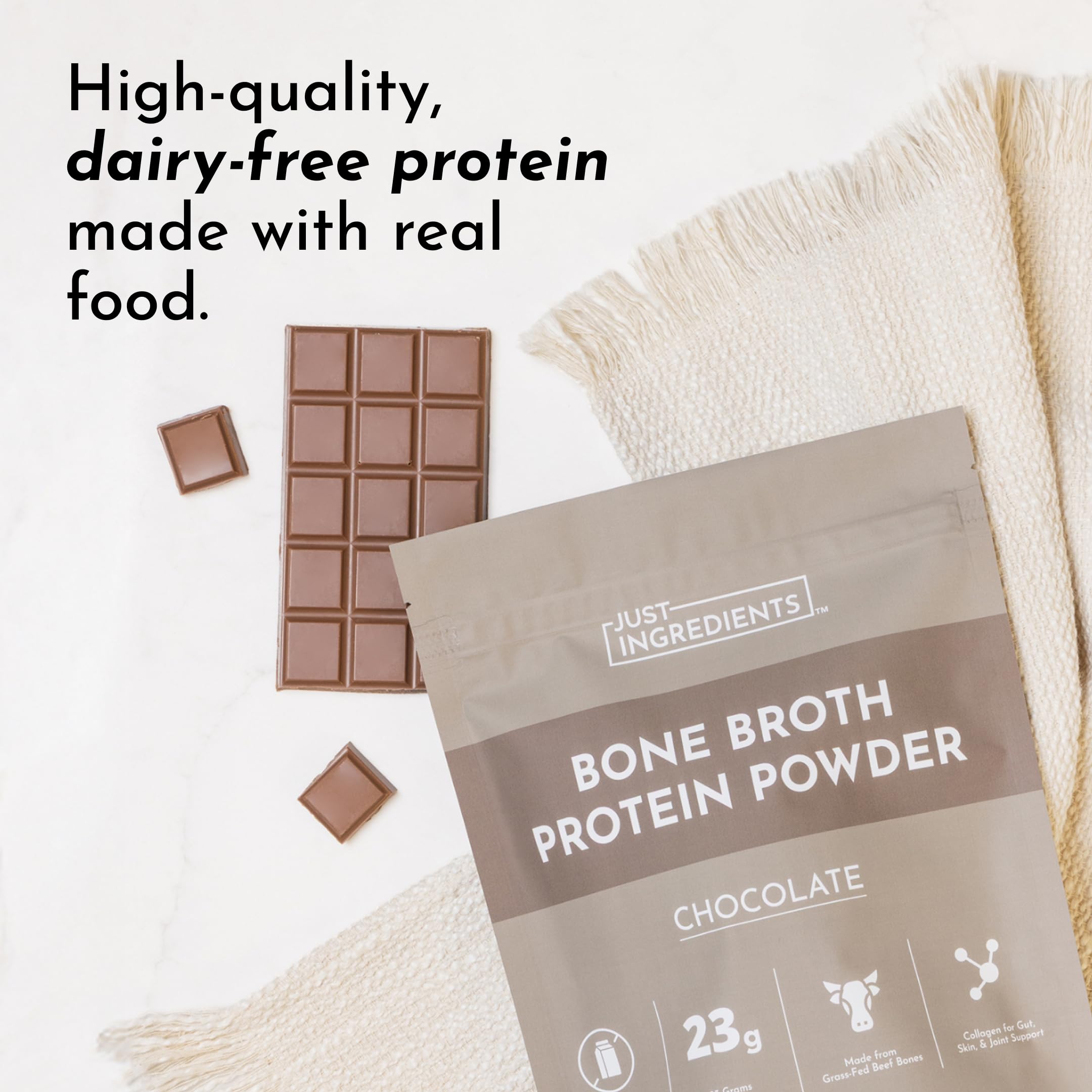 Just Ingredients Ready-to-mix powder beside blender for smoothies and hot drinks