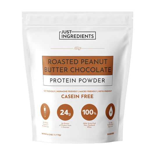 JUST INGREDIENTS bottle of roasted peanut butter chocolate protein powder for shakes and meals