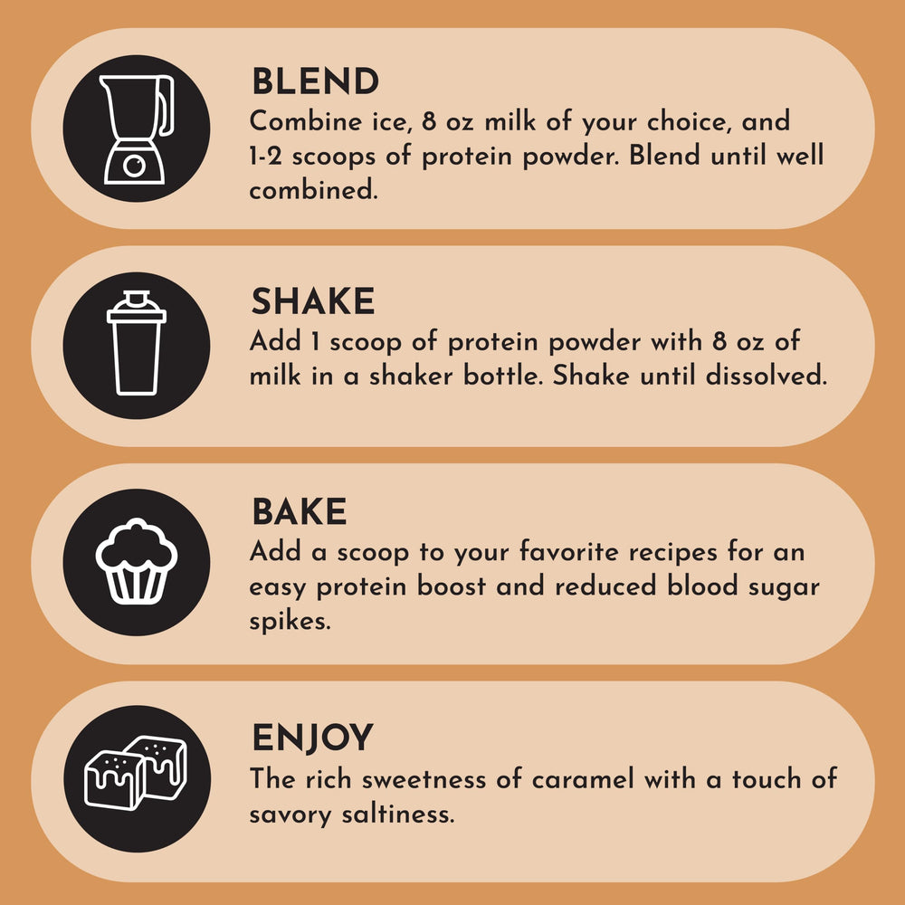 JUST INGREDIENTS Salted Caramel Protein Powder measuring cups highlight portion control