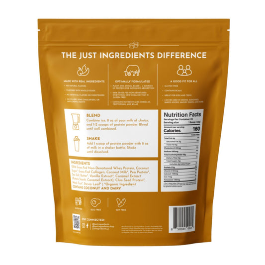 JUST INGREDIENTS Salted Caramel Protein Powder serving scoop emphasizes convenient energy-boosting protein