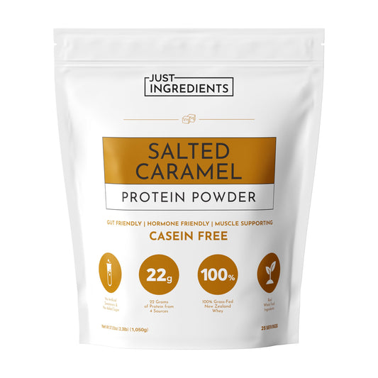 JUST INGREDIENTS Salted Caramel Protein Powder tub front highlights premium blend for post-workout support
