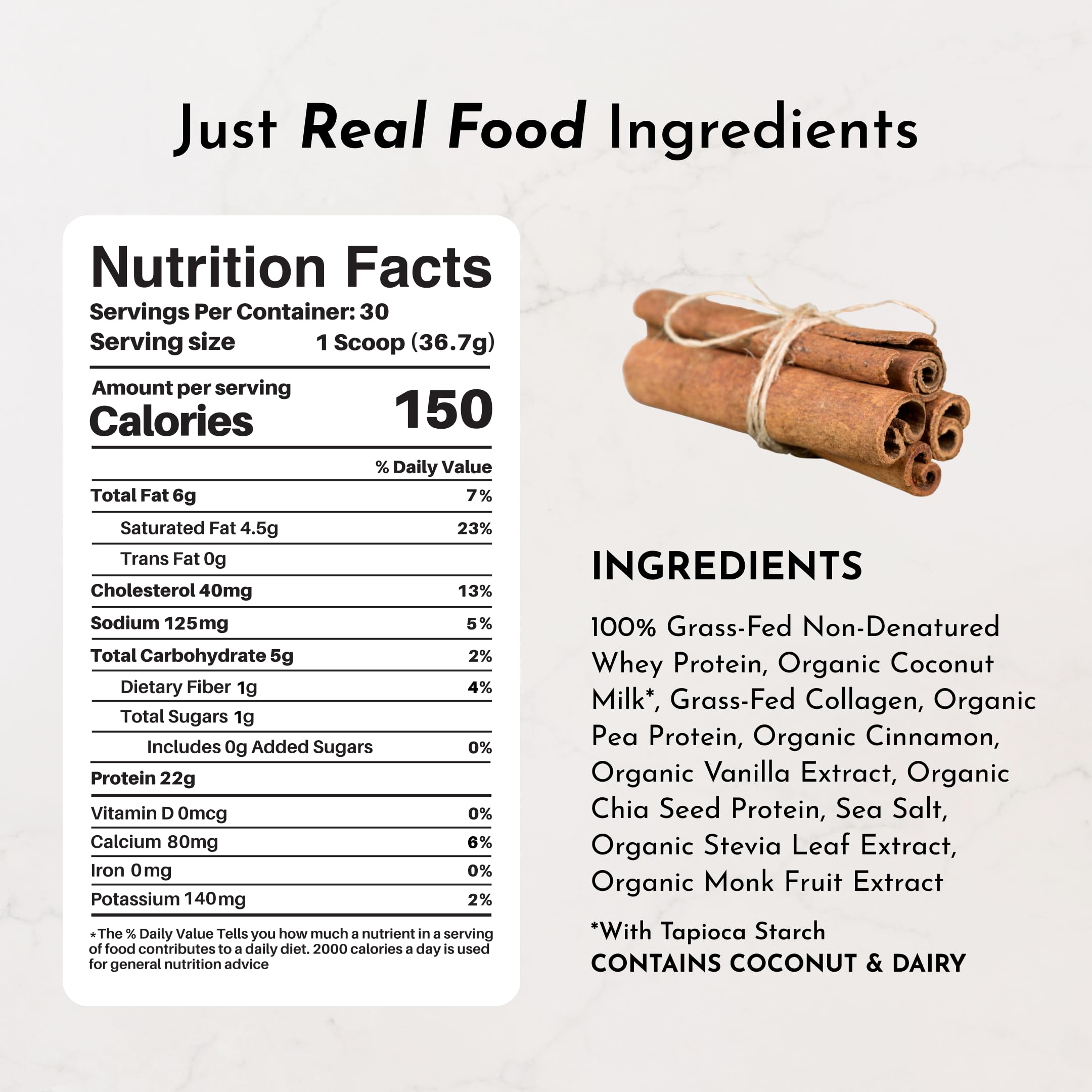 Spoon beside canister of Just Ingredients Snickerdoodle protein powder