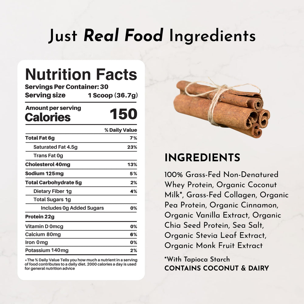 Spoon beside canister of Just Ingredients Snickerdoodle protein powder
