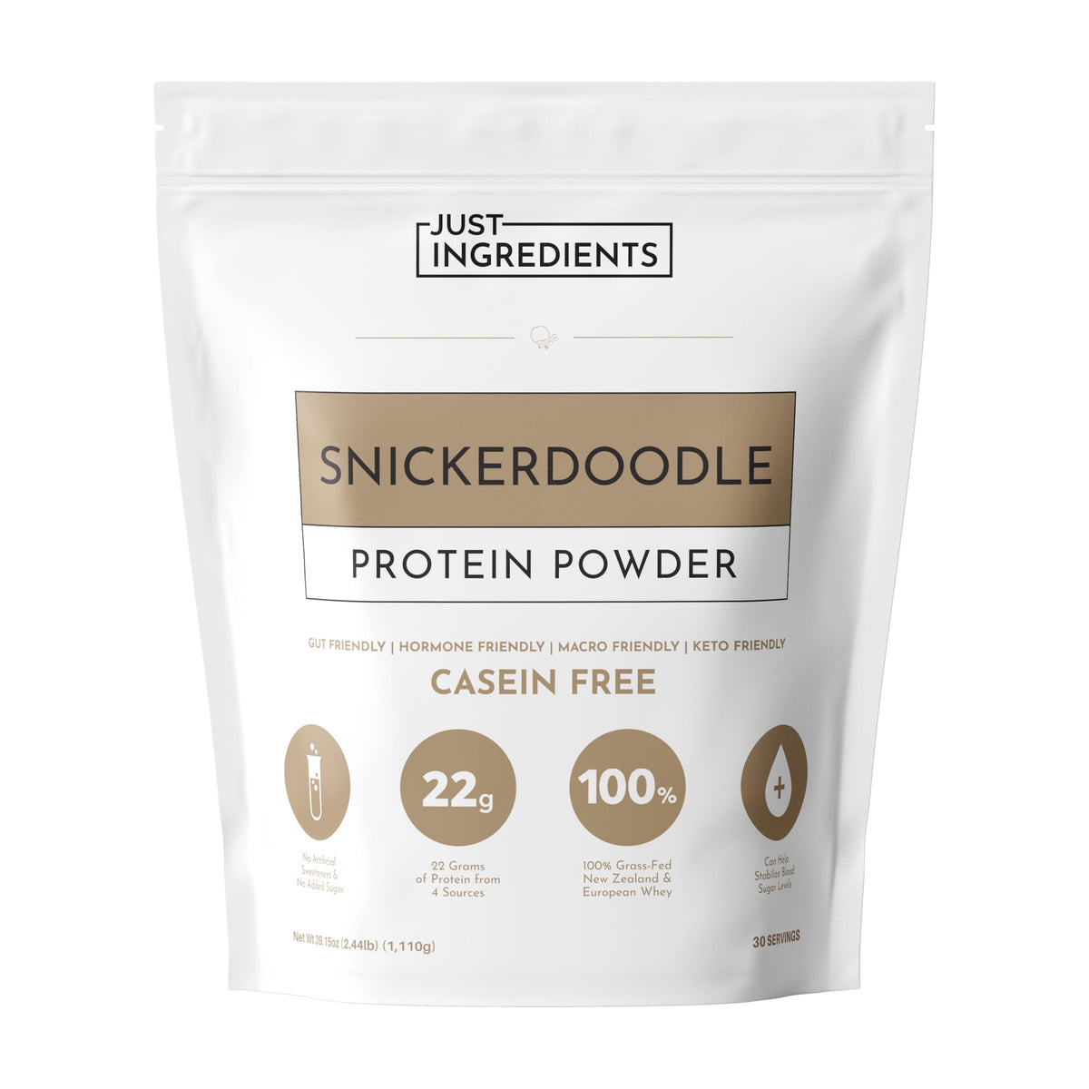 JUST INGREDIENTS Snickerdoodle protein powder tub with grass-fed whey blend for muscle support