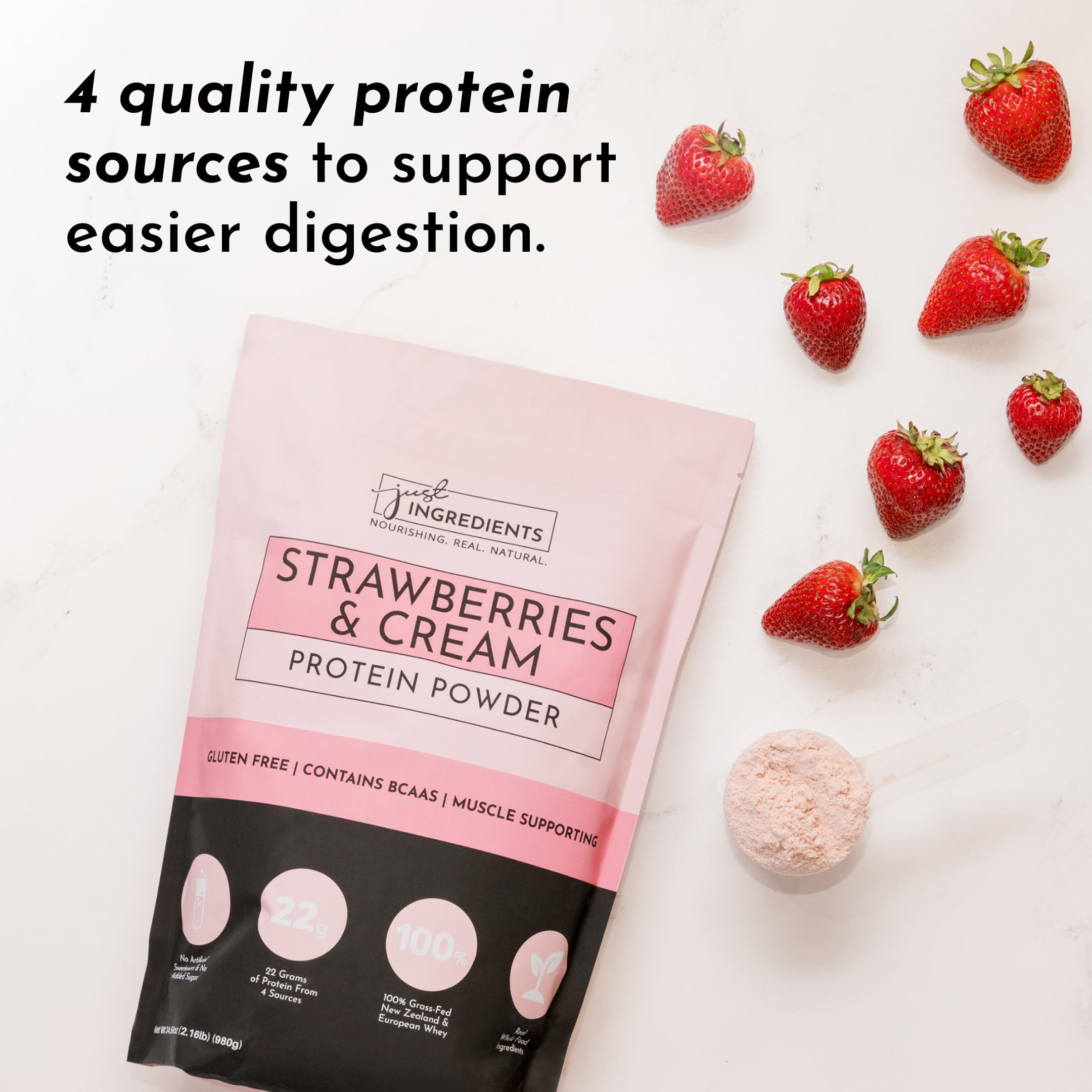 JUST INGREDIENTS Strawberries & Cream powder ingredients label shows transparency