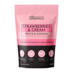 JUST INGREDIENTS Strawberries & Cream protein powder tub highlights real strawberry flavor for smoothies