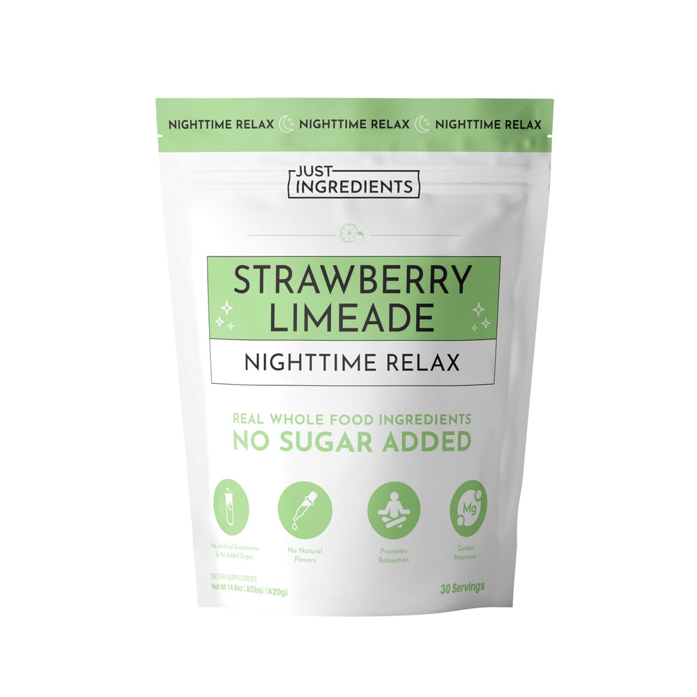 JUST INGREDIENTS Strawberry Limeade Nighttime Relax drink in glass highlights flavorful wind-down