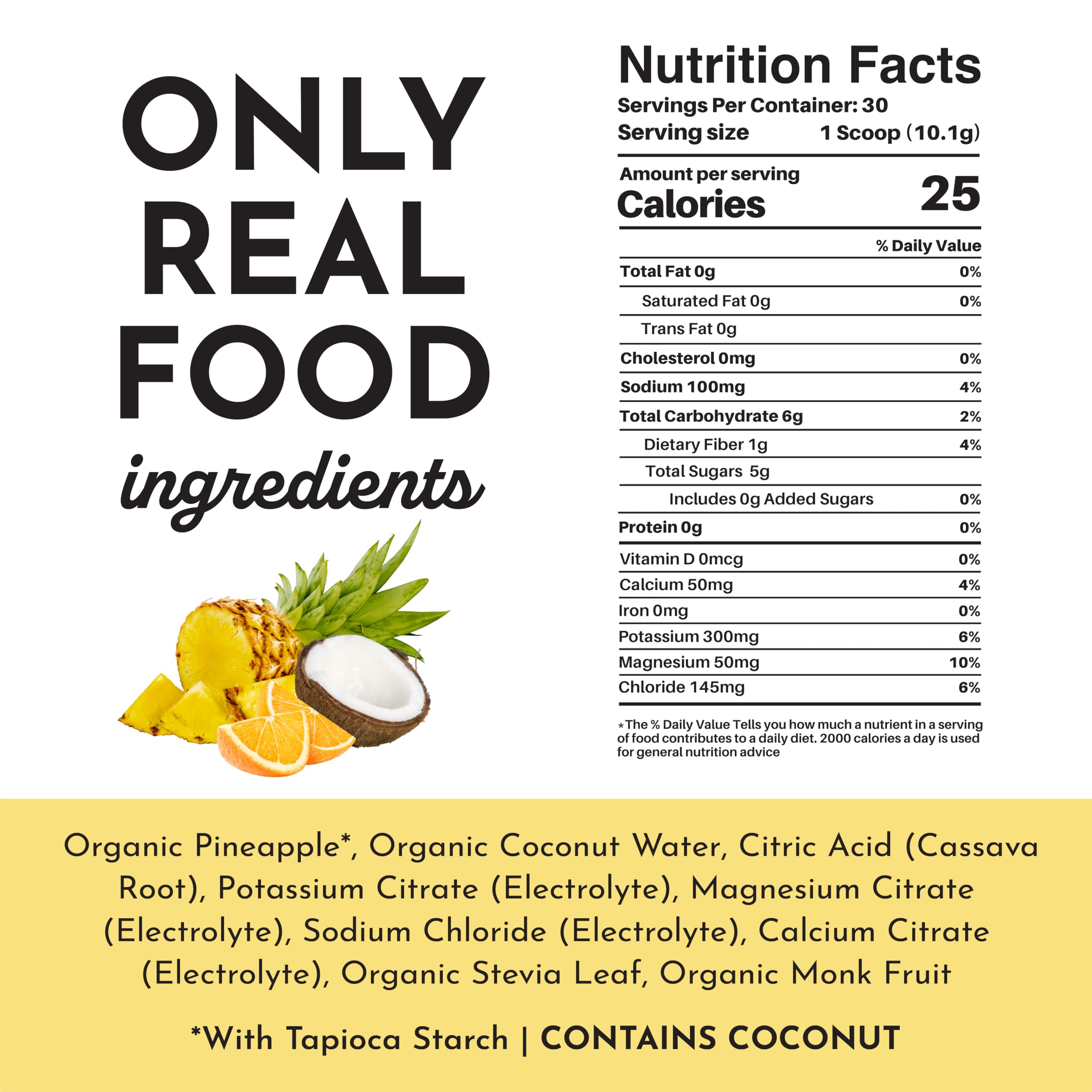 JUST INGREDIENTS Tropical Paradise Electrolytes label highlights clean ingredients.