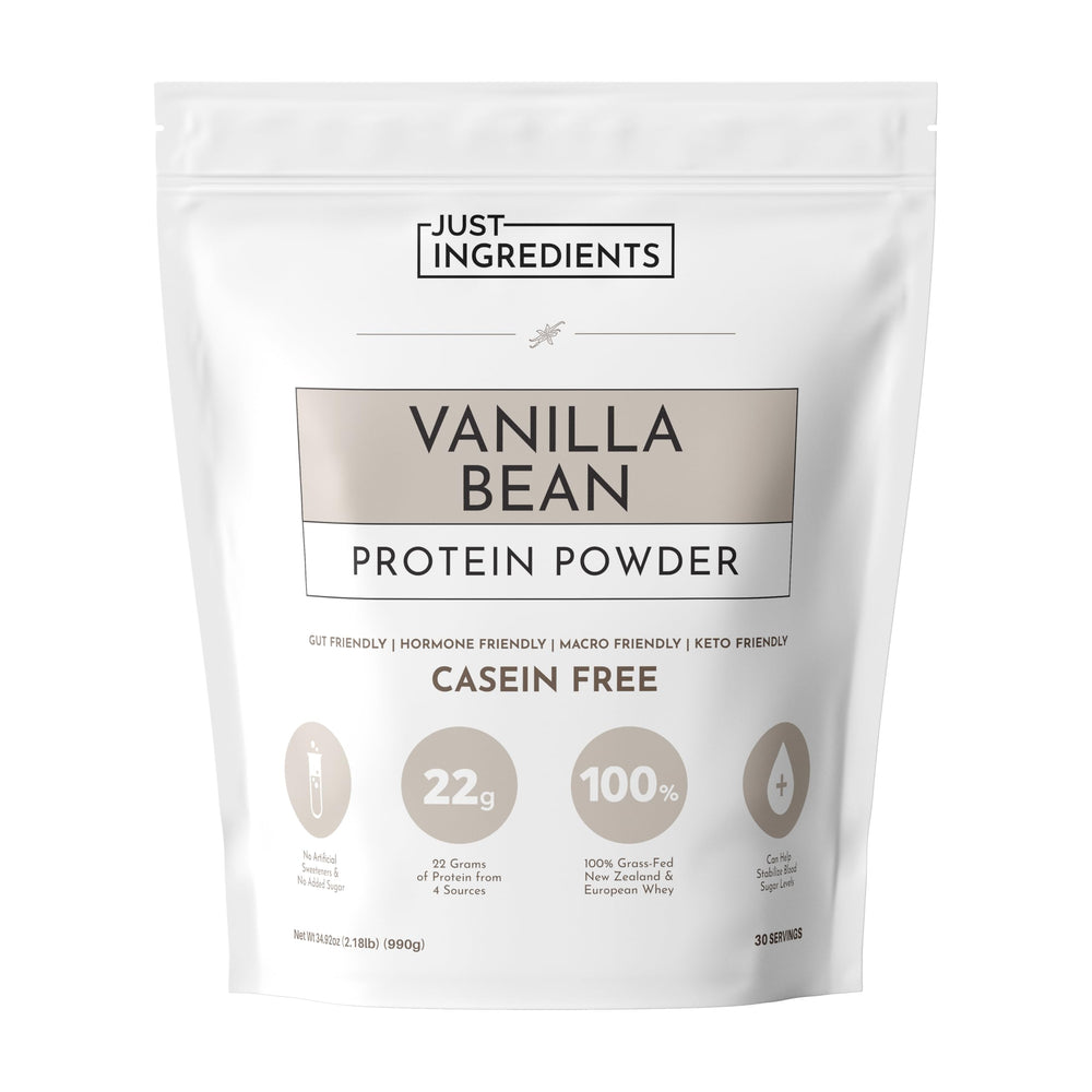 JUST INGREDIENTS Vanilla Bean Protein Bottle shows clean label and convenient protein source.