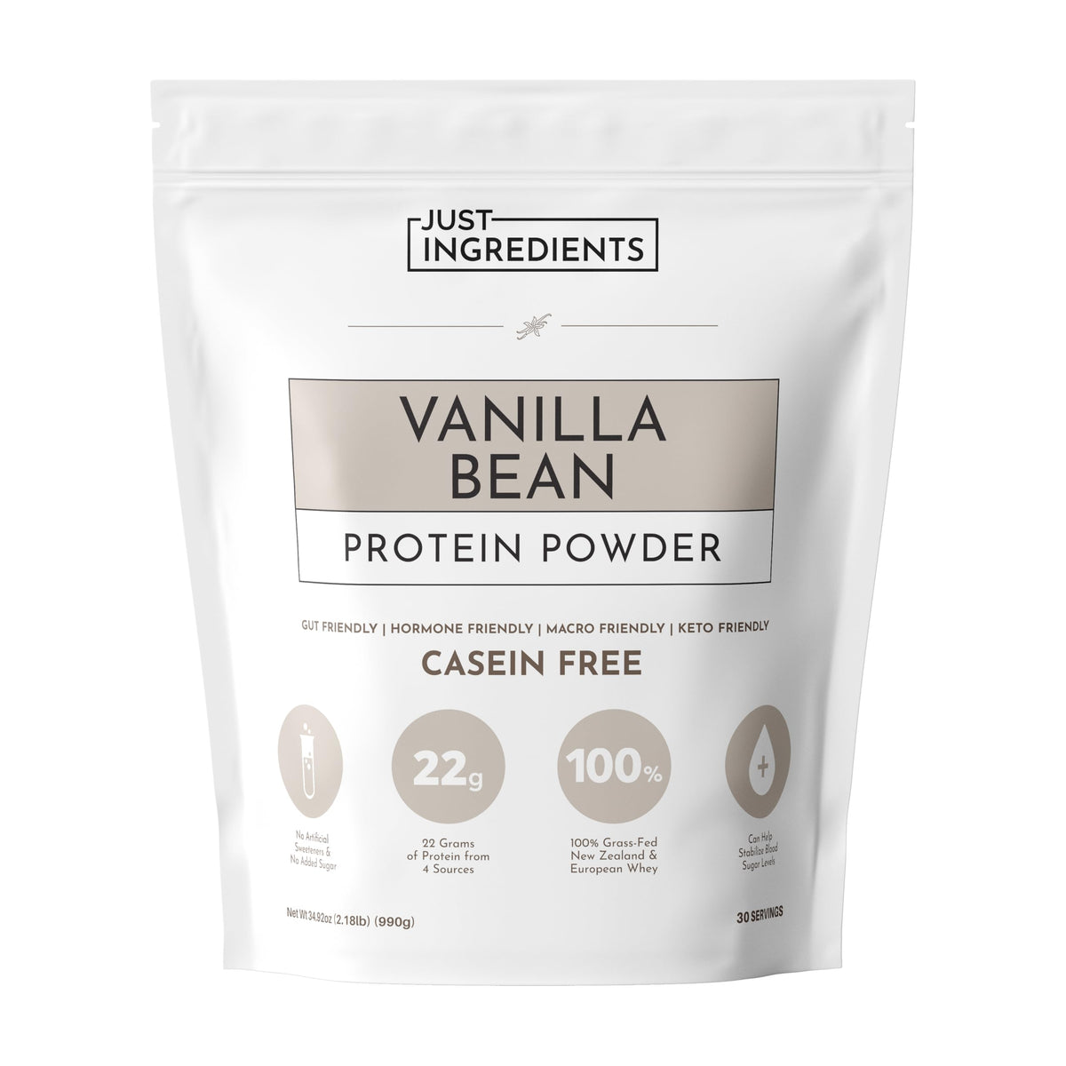 JUST INGREDIENTS Vanilla Bean Protein Bottle shows clean label and convenient protein source.