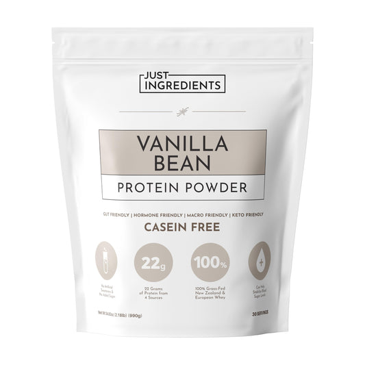 JUST INGREDIENTS Vanilla Bean Protein Bottle shows clean label and convenient protein source.