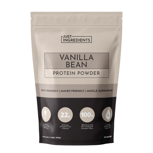 JUST INGREDIENTS Vanilla Bean Protein Powder bottle with real vanilla aroma for daily protein support