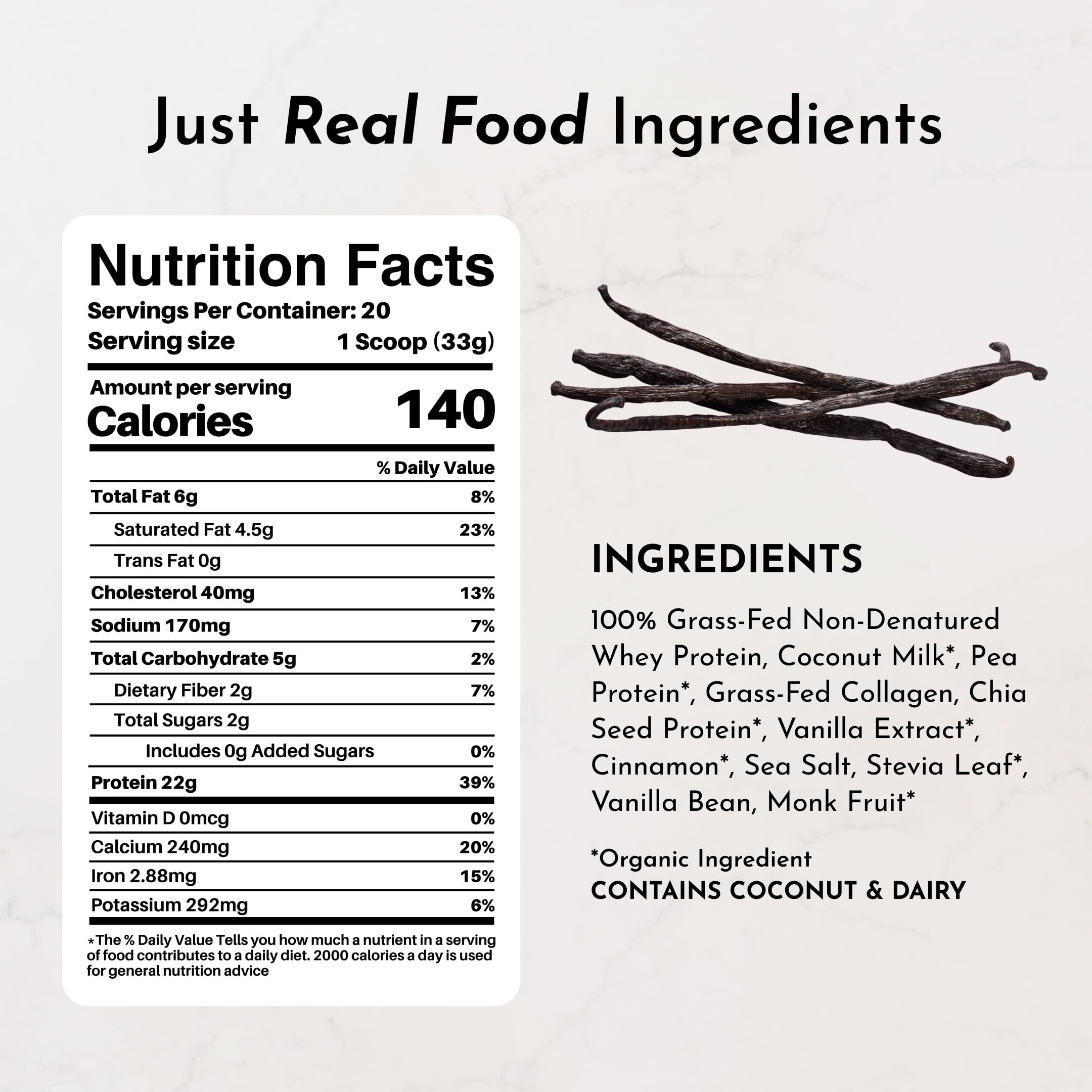 JUST INGREDIENTS Vanilla Bean Protein Powder tub open showing transparent label and clean nutrition
