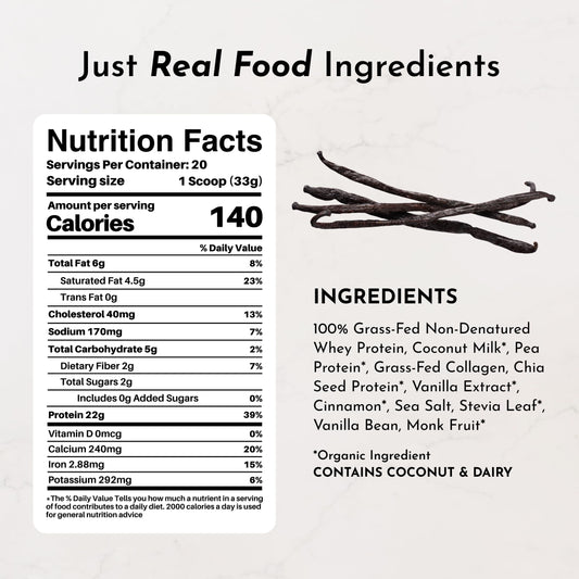 JUST INGREDIENTS Vanilla Bean Protein Powder tub open showing transparent label and clean nutrition
