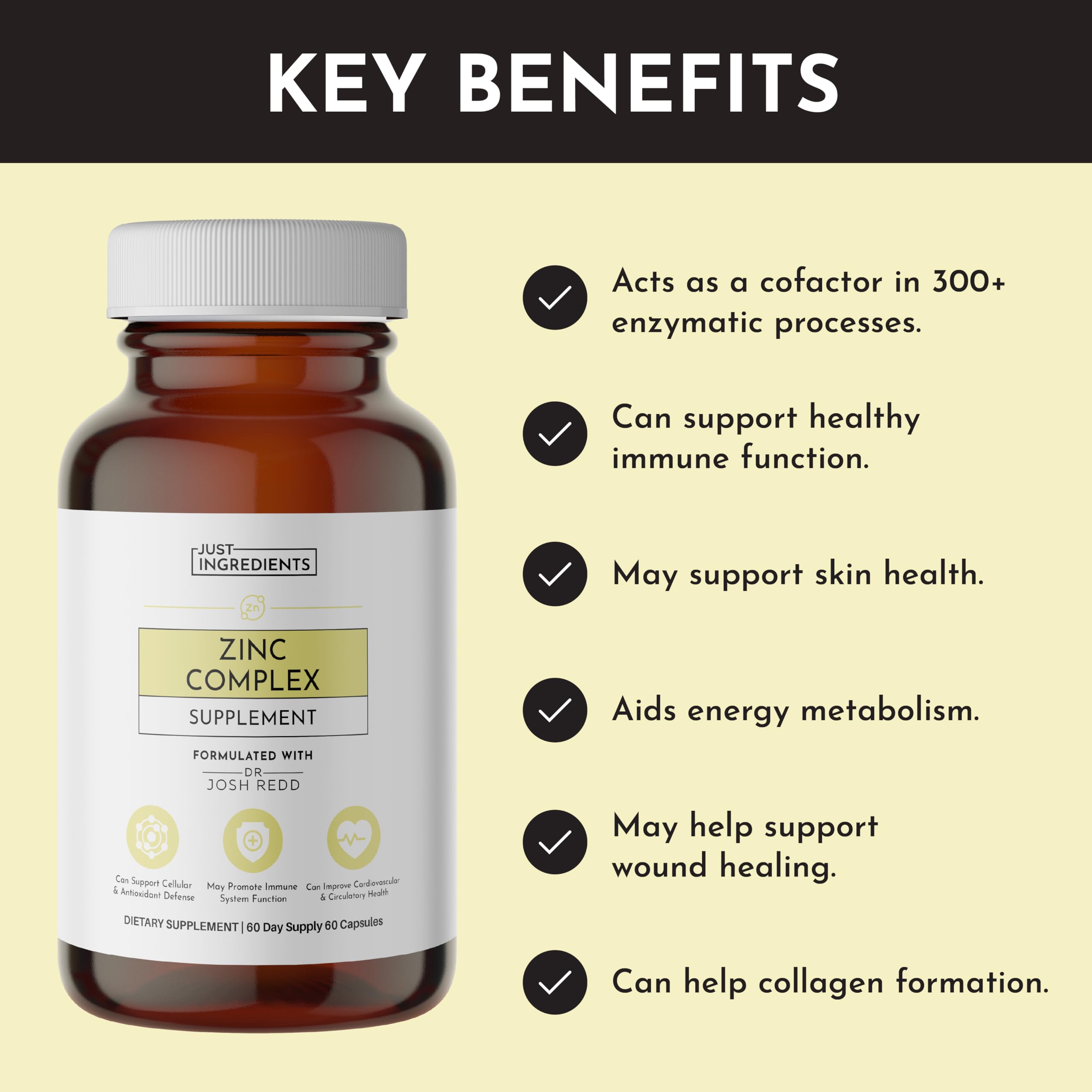 Just Ingredients Zinc Complex bottle side view showing clean vegan formulation.
