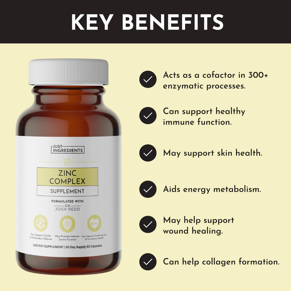 Just Ingredients Zinc Complex bottle side view showing clean vegan formulation.