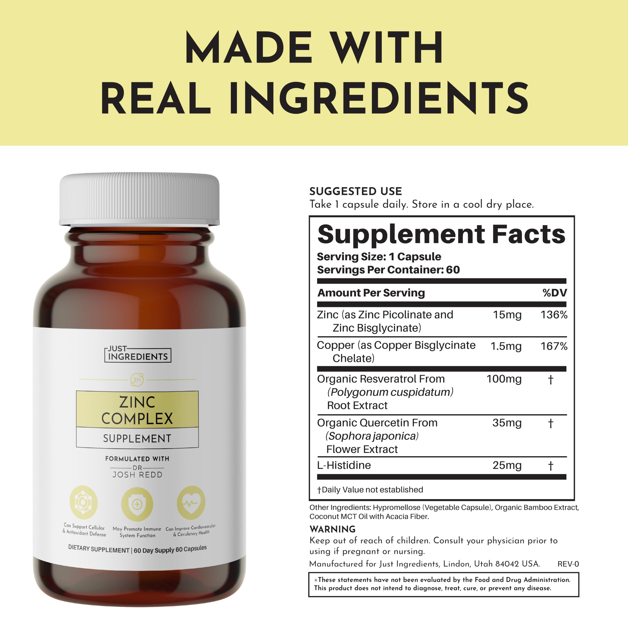 Just Ingredients Zinc Complex capsules close-up highlighting gentle digestion benefits.