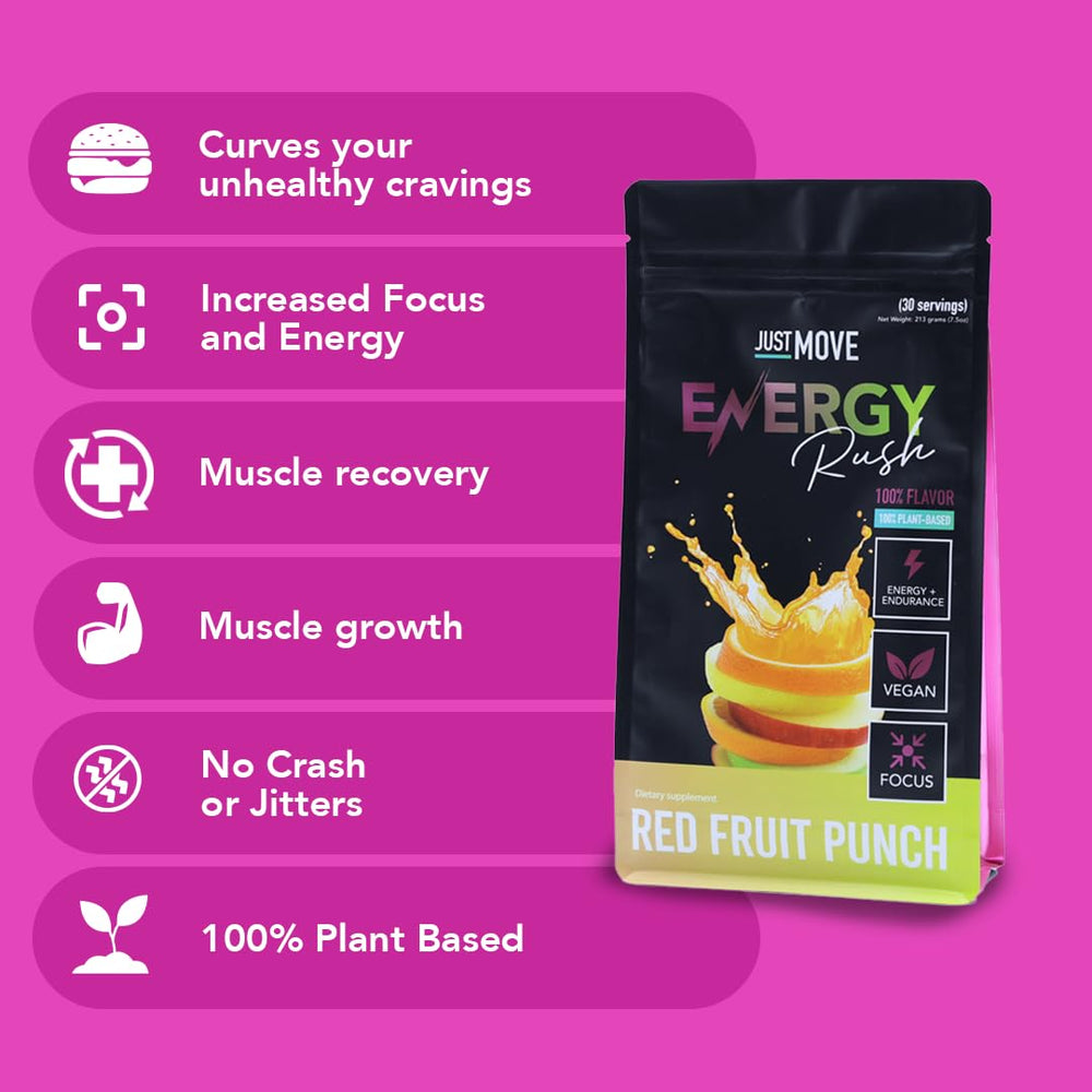 Just Move Fruit Punch Energy Rush powder dispersing in water for quick mix