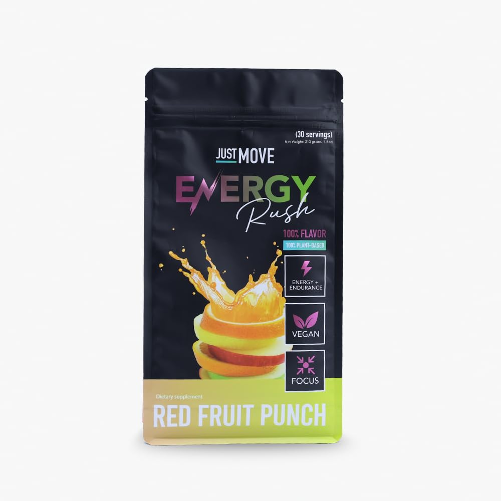 Just Move Fruit Punch Energy Rush tub front with plant-based pre-workout branding