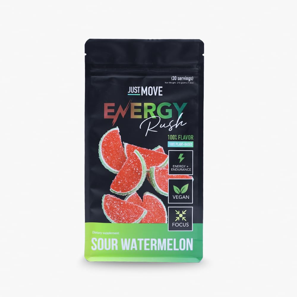 Just Move Sour Watermelon Energy Rush bottle shown for a pre-workout boost.