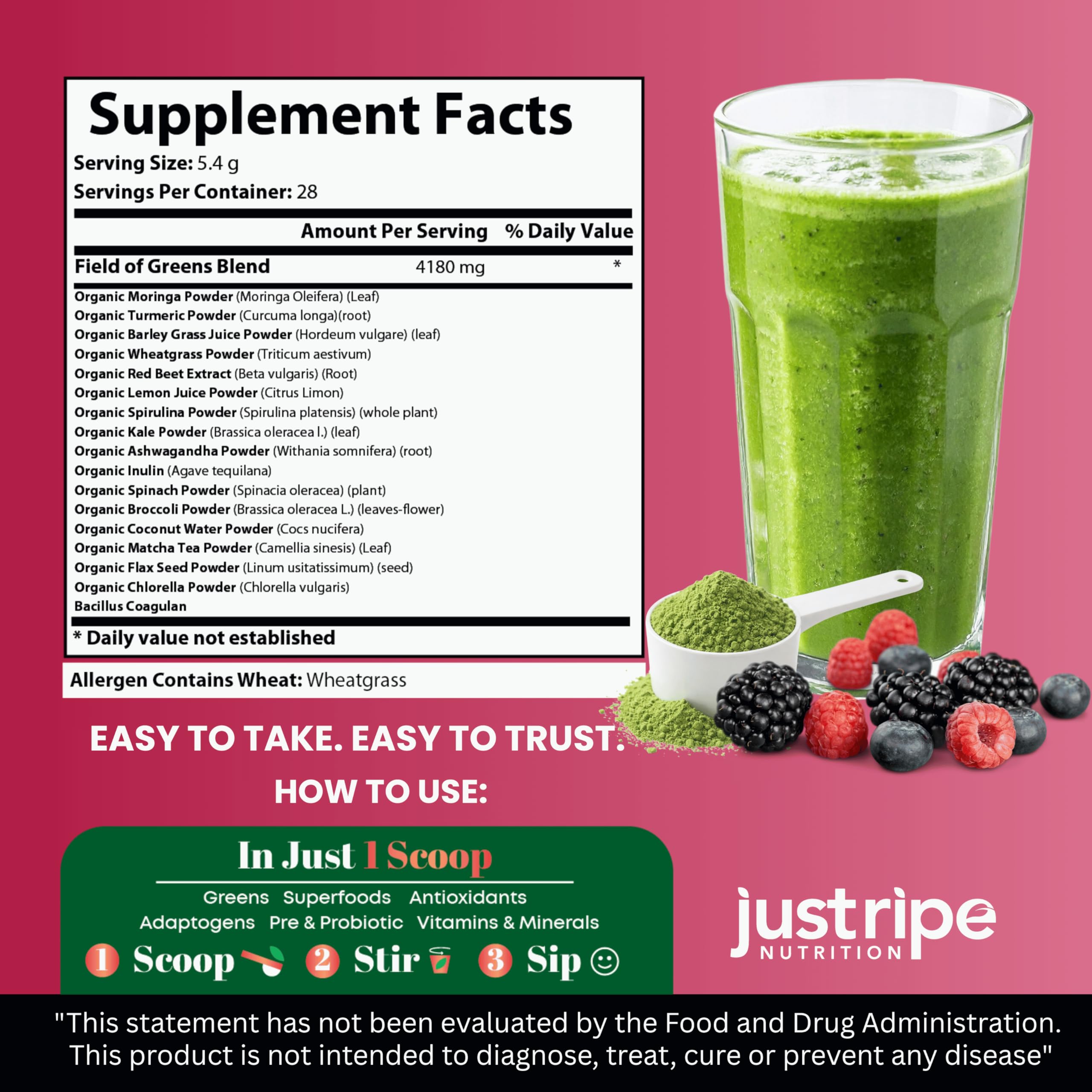 Just Ripe Field of Greens glass with a green smoothie for convenient nutrition.