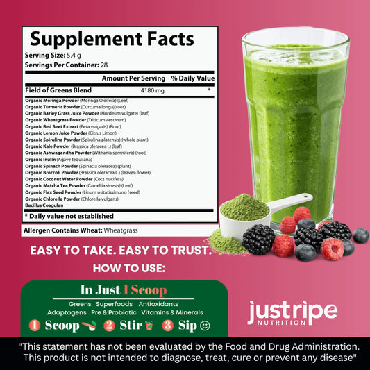 Just Ripe Field of Greens glass with a green smoothie for convenient nutrition.