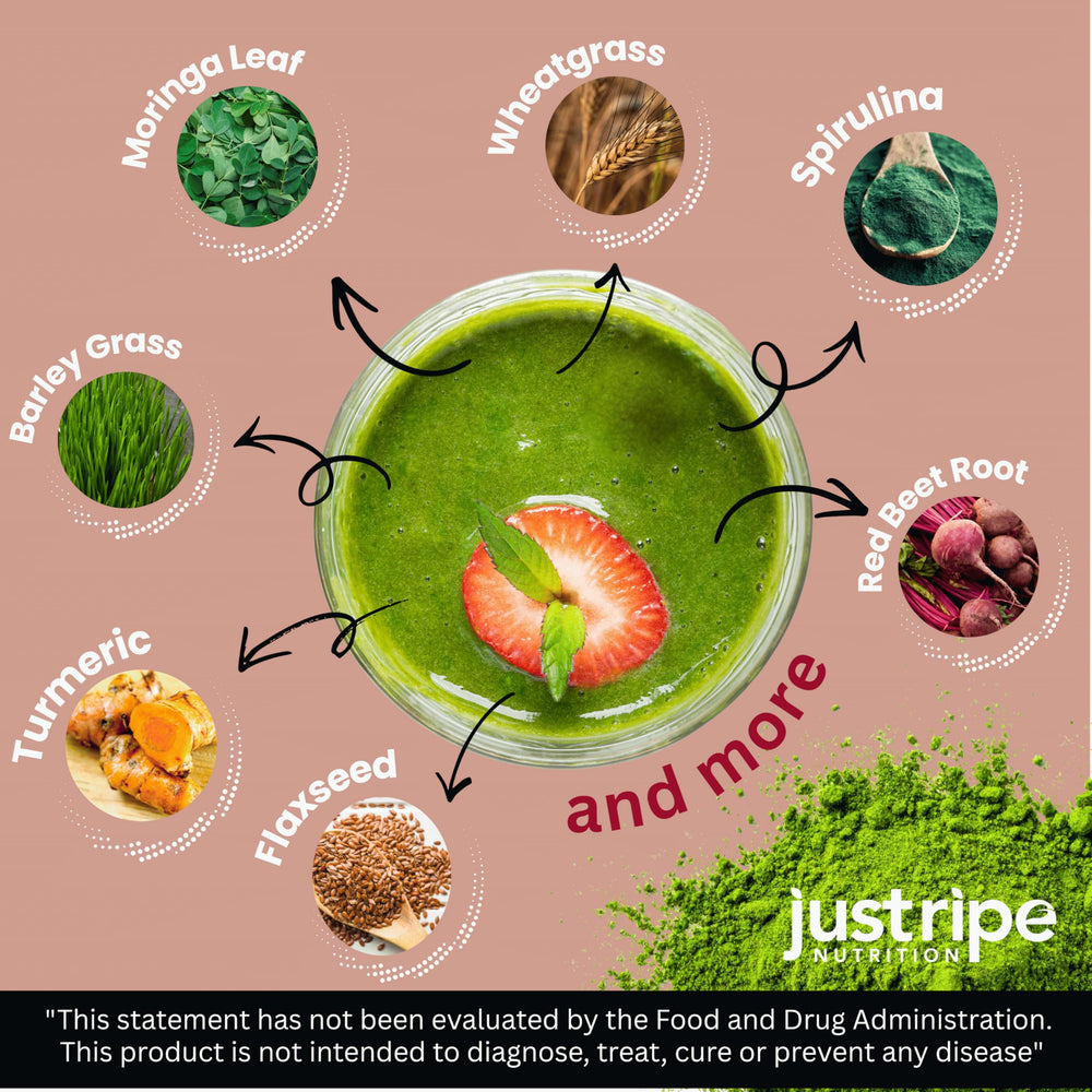 Just Ripe Field of Greens moringa spirulina wheatgrass blend for natural energy.