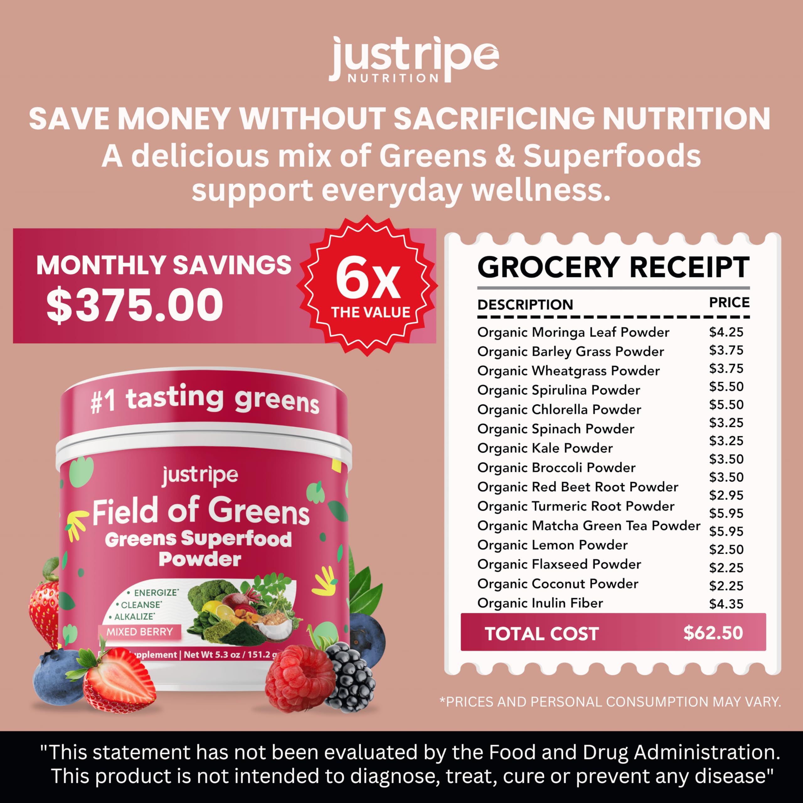 Just Ripe Field of Greens package label highlights organic greens.