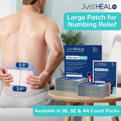 JustHeal RX patch on back displaying broad-area coverage
