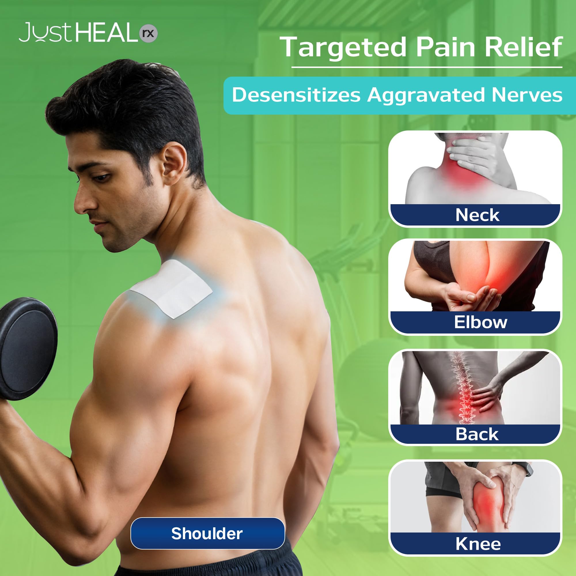 JustHeal RX patch on knee for daily movement relief