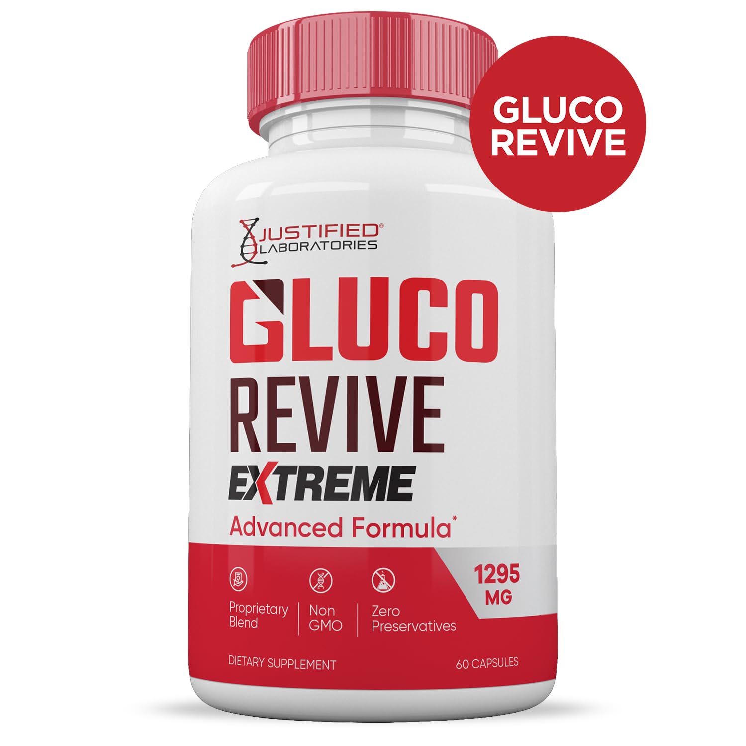Justified Gluco Revive Extreme bottle cap closeup highlighting premium blend and convenience.