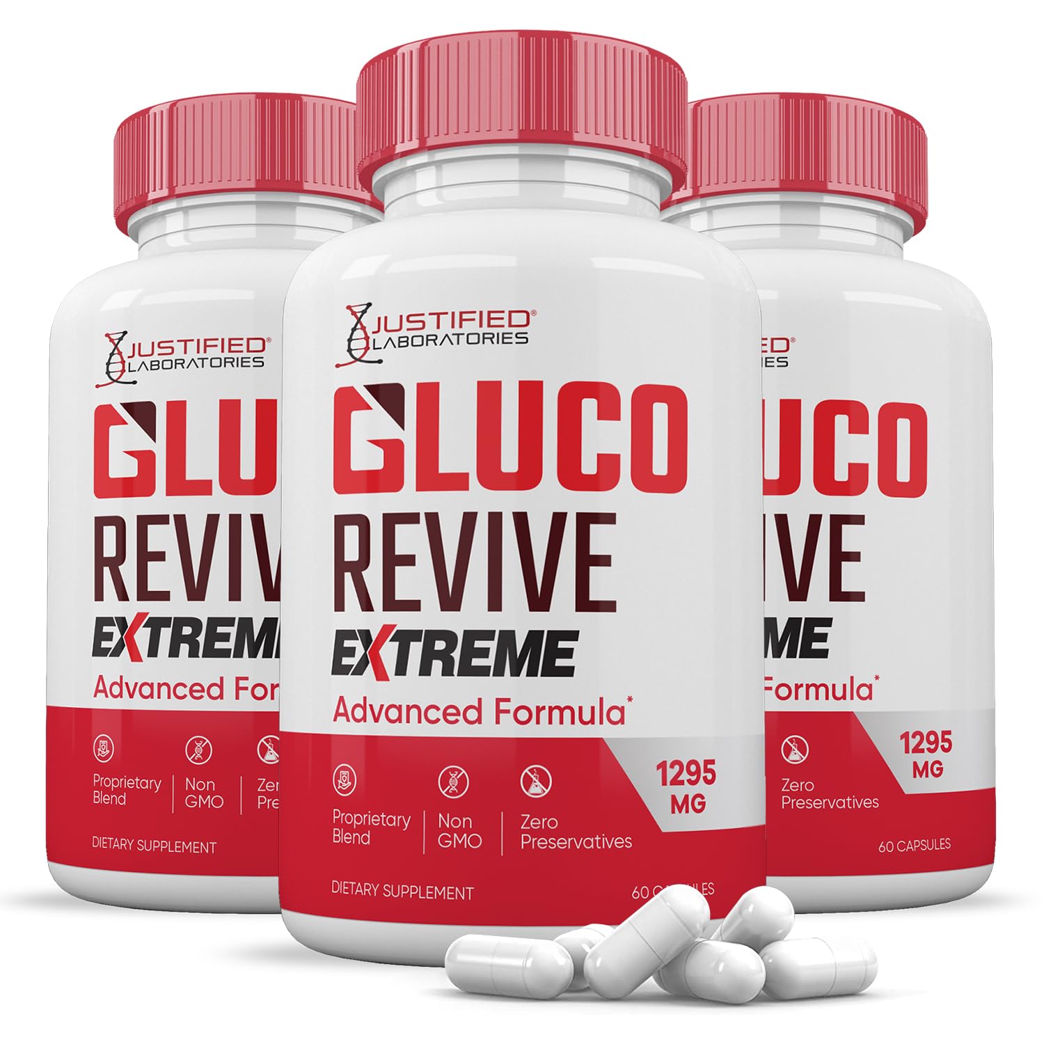 Justified Gluco Revive Extreme bottle front view highlighting 1295mg potency for daily wellness.