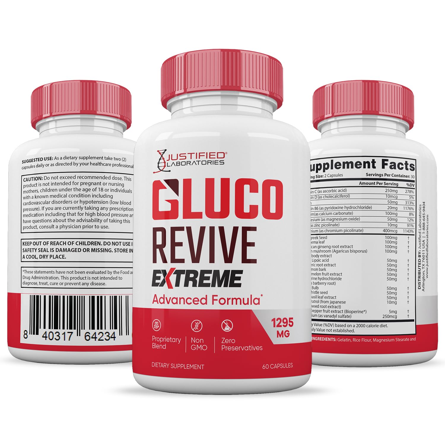 Justified Gluco Revive Extreme ingredients panel with vitamins C, B6, and B12.