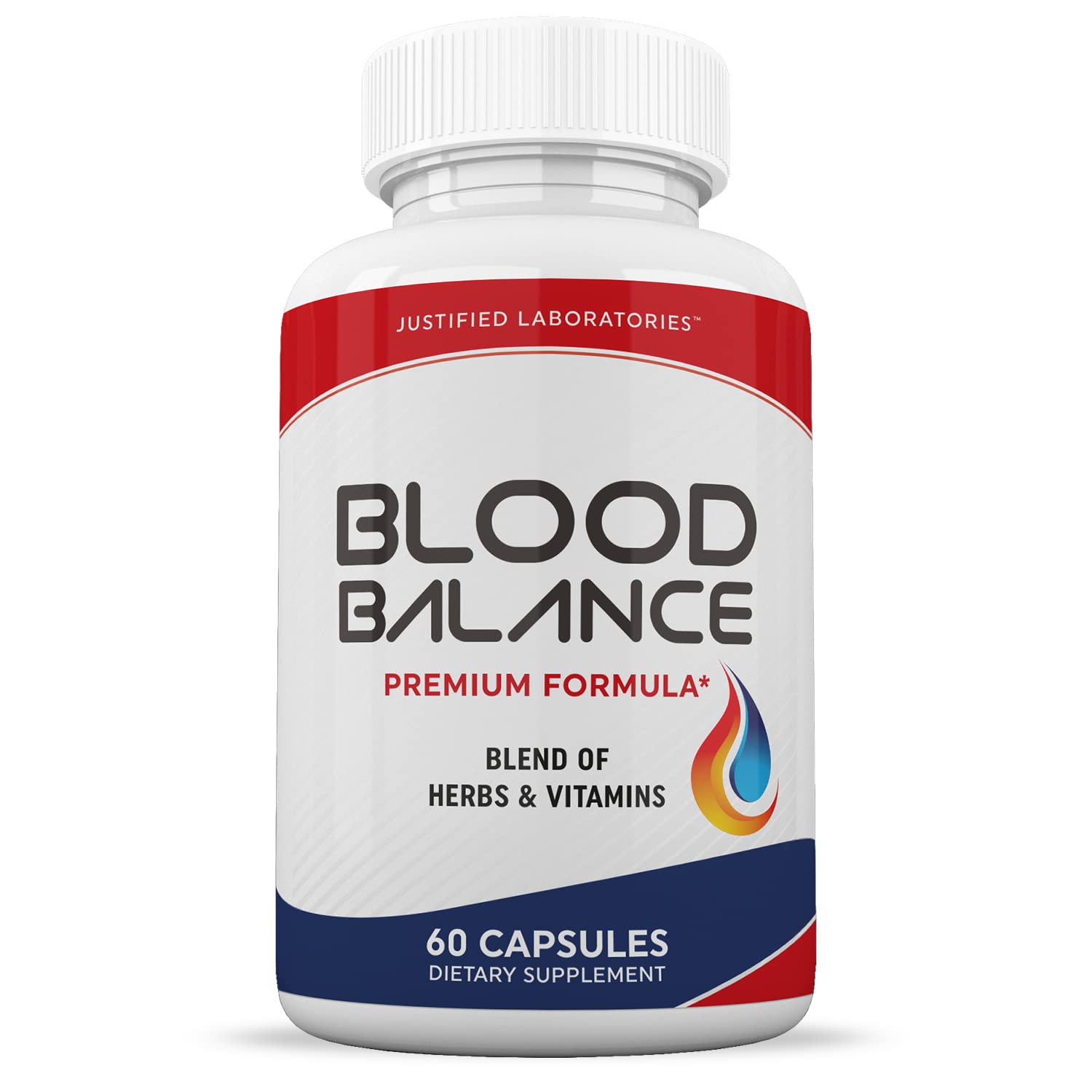 Justified Laboratories Blood Balance bottle with glass of water shows pre-meal use option.