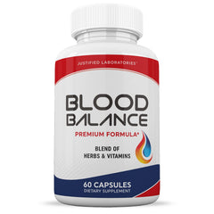 Justified Laboratories Blood Balance bottle with glass of water shows pre-meal use option.