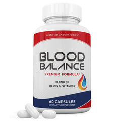 Justified Laboratories Blood Balance Advanced Formula bottle with 60 capsules supports daily wellness.