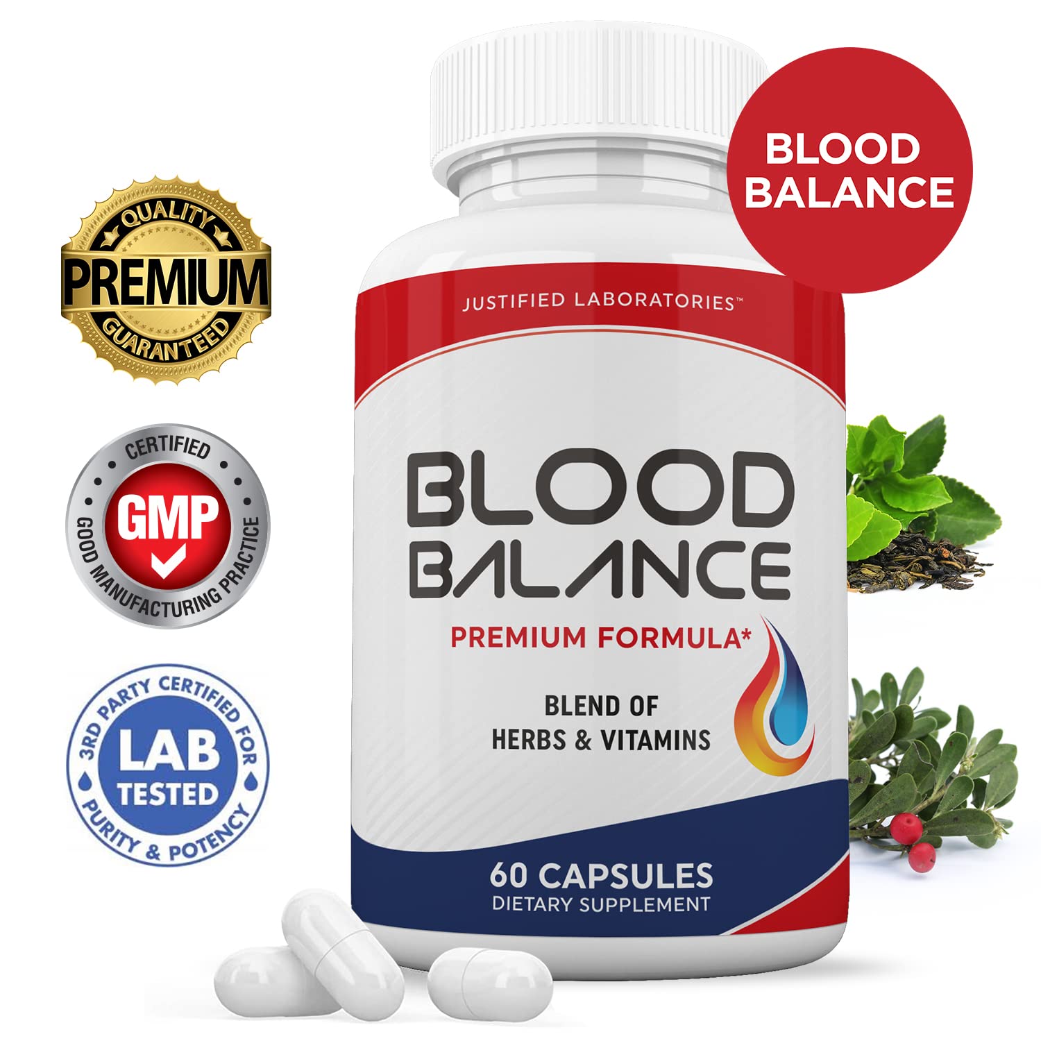 Justified Laboratories Blood Balance capsules close-up, easy-to-swallow daily supplement for routine.