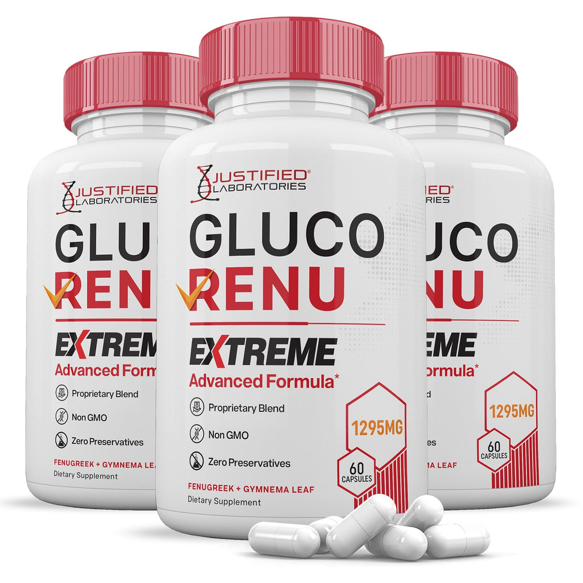 Justified Laboratories Gluco Renu Extreme bottle showing 1295mg blend for overall wellness