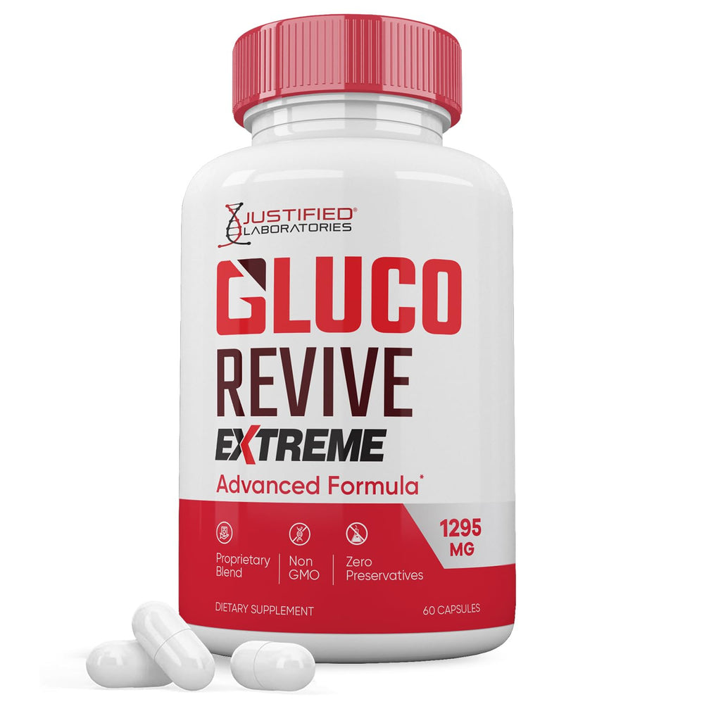 Justified Laboratories Gluco Revive Extreme bottle showcases a potent capsule blend for daily vitality.